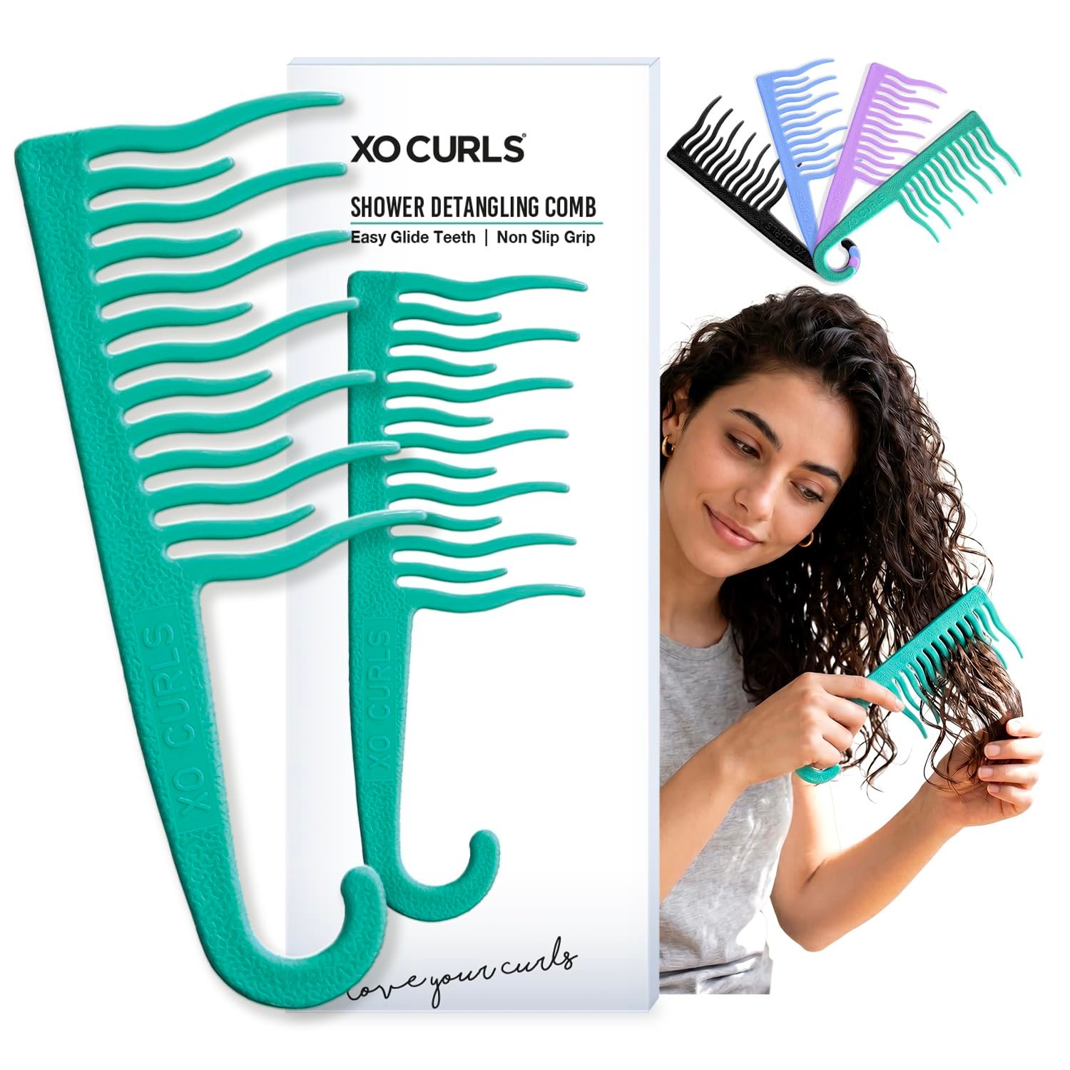 XO Curls Shower detangling hair comb, Wide tooth comb, Comb with hook for easy hanging in shower, Gentle on Scalp, Hair comb for with curly & wavy hair – Green (Pack of 1)