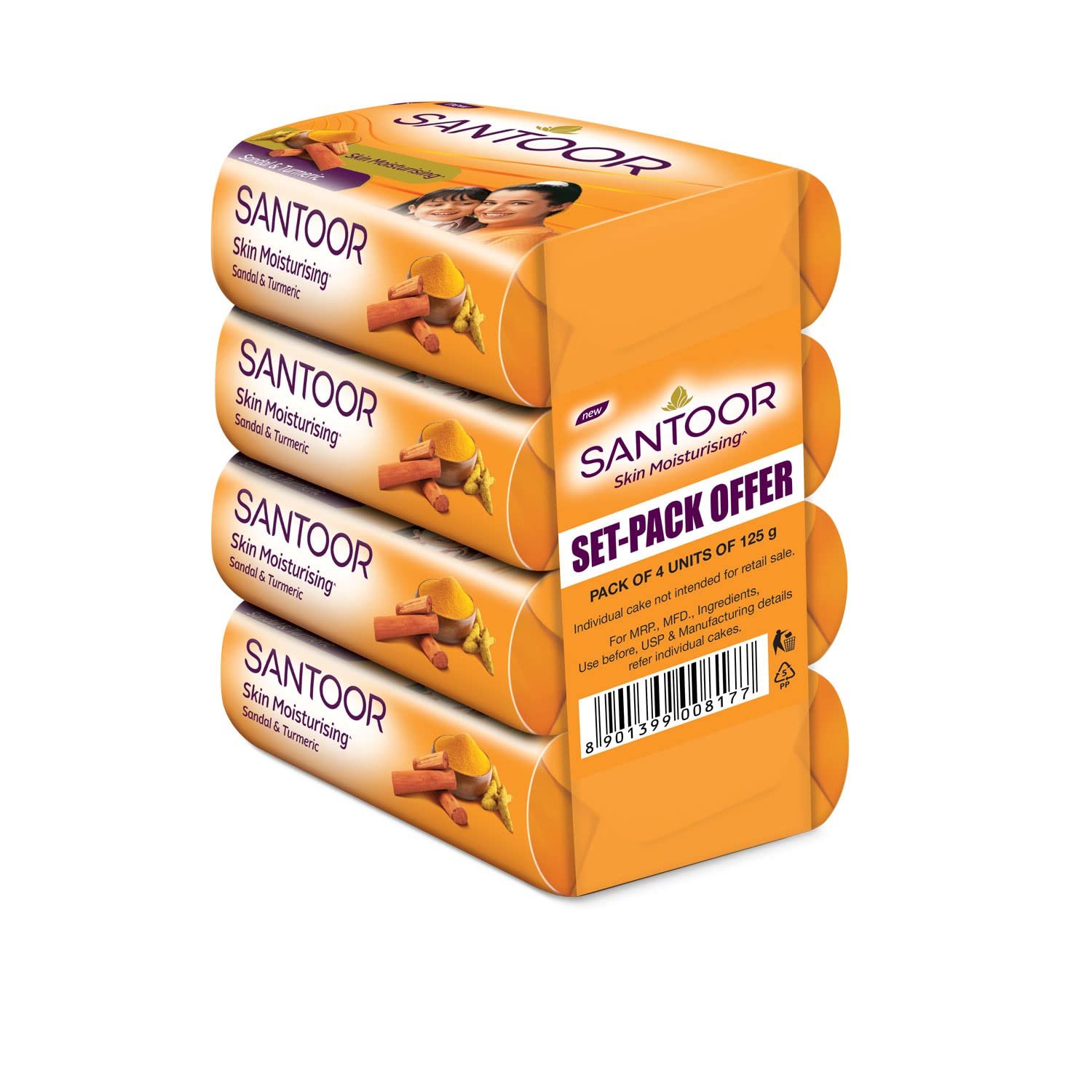Santoor Sandal & Turmeric Soap for Total Skin Care, 125g (Pack of 4)