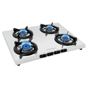 Everflame Pearl 4 Burner Gas Stove | Manual Ignition | ISI Certified | 5G Forged Brass Burners | Stainless Steel Gas Stove | Gas-Saver | Brass Nozzle | 2 Years Warranty + Doorstep Service