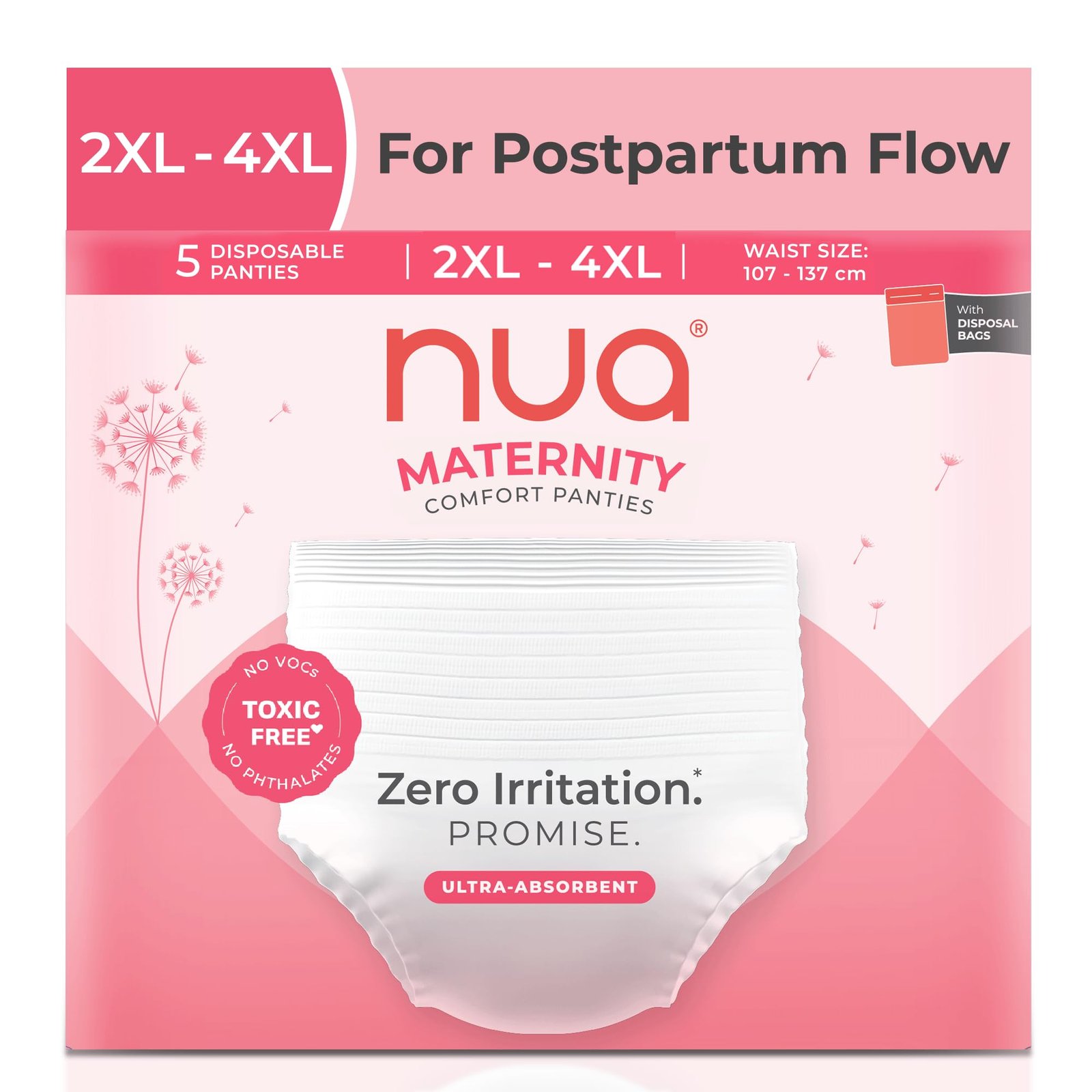 Nua 360° Comfort Maternity Panties 2XL-4XL (38-54 INCHES) | Pack of 5 | For Postpartum Bleeding and Clots | Absorbs Heavy Gushes | Zero Irritation | 4x Comfort | 360 Degree Protection | Soft | Breathable | 100% Toxic-Free, Dermatologically Tested