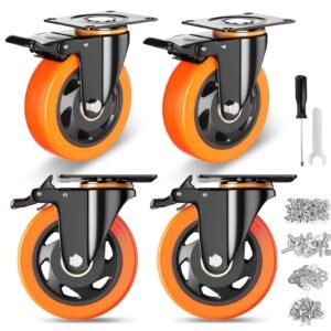 BOSNEY 4 Inch Caster Wheels, Casters Set Of 4, Heavy Duty Casters With Brake 2200 Lbs, Locking Industrial Swivel Top Plate Casters Wheels For Furniture And Workbench Cart(Two Hardware Kits Include)