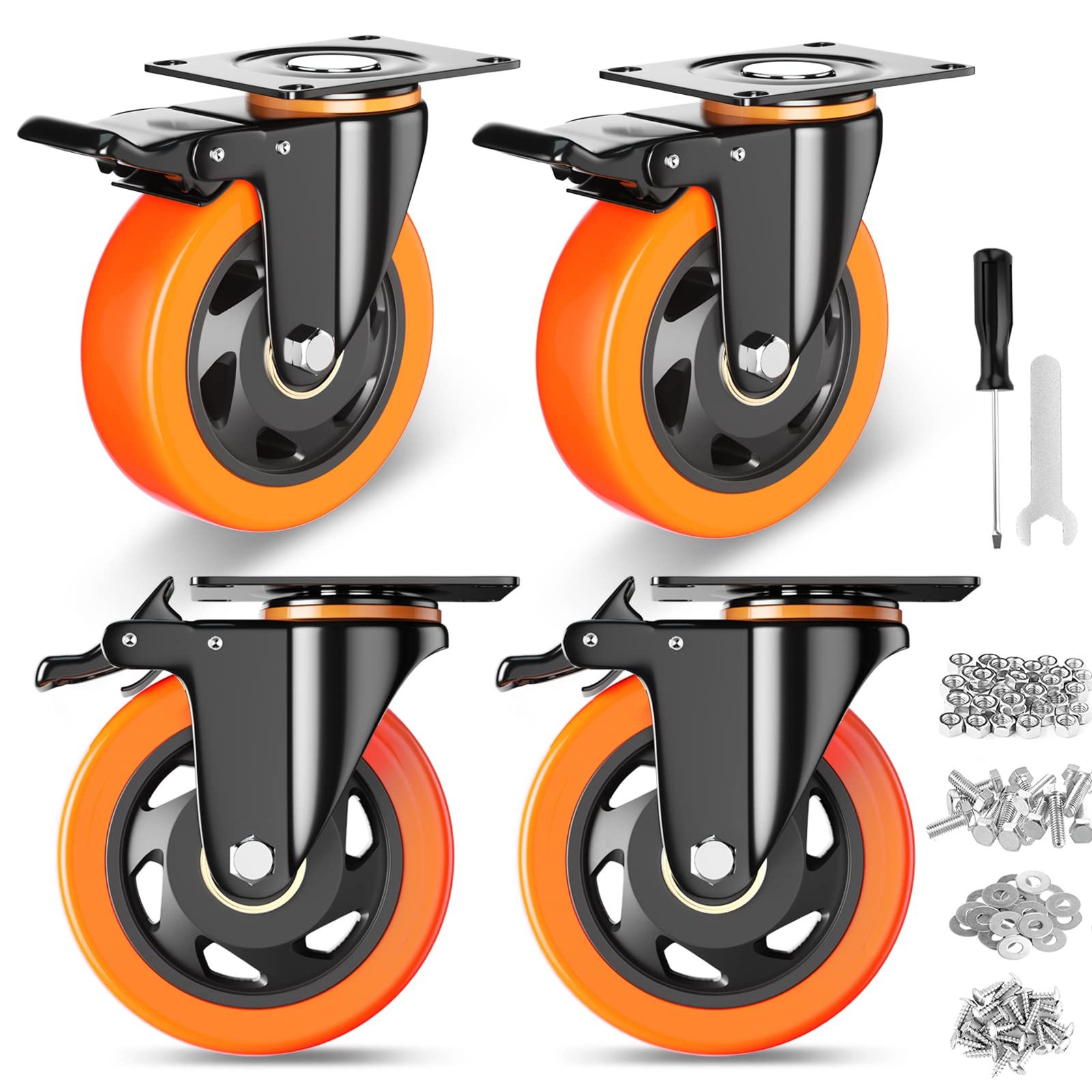 BOSNEY 4 Inch Caster Wheels, Casters Set Of 4, Heavy Duty Casters With Brake 2200 Lbs, Locking Industrial Swivel Top Plate Casters Wheels For Furniture And Workbench Cart(Two Hardware Kits Include)