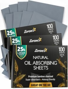 Natural Bamboo Charcoal Blotting Paper – 300 Super Large & Absorbent Sheets (120x75mm) – Make Up Friendly – Easy Take Out Design – Oily Skin Care (100 sheets/pack, 3 Pack)