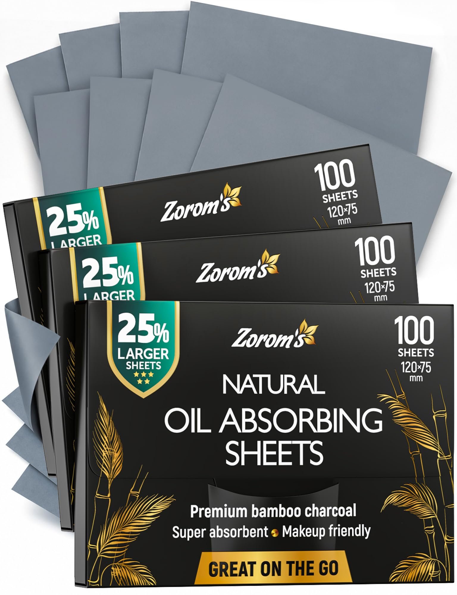 Natural Bamboo Charcoal Blotting Paper – 300 Super Large & Absorbent Sheets (120x75mm) – Make Up Friendly – Easy Take Out Design – Oily Skin Care (100 sheets/pack, 3 Pack)
