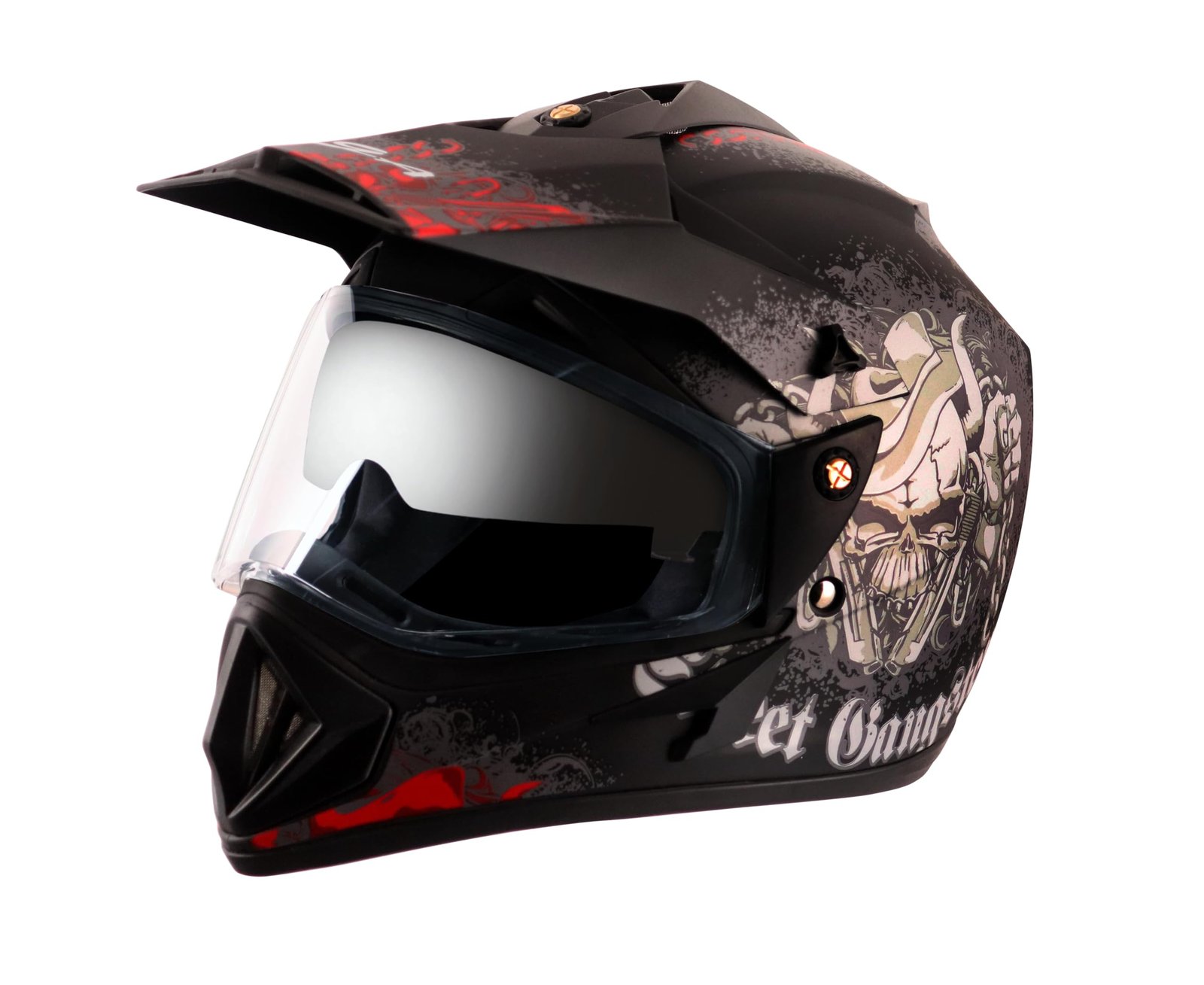 Vega Off Road Gangster ISI Certified Matte Finish Full Face Helmet for Men with Dual Visor and Stylish Peak-Dull Black Red, Size: M