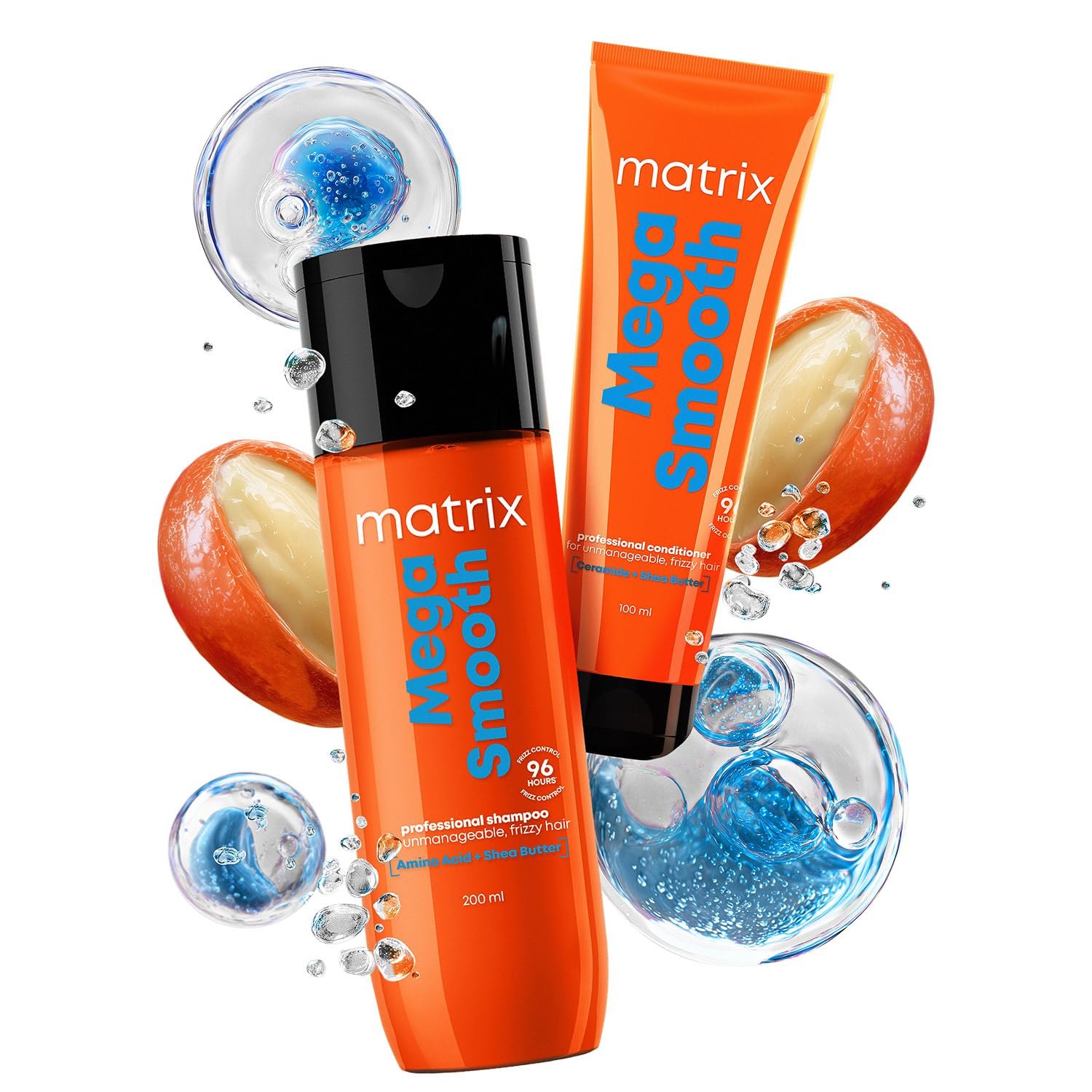 Matrix Professional Mega Smooth Shampoo and Conditioner Combo for Frizzy, Dry Unmanageable Hair | Defy Frizz for 4 Days | Used by 1 Lakh Hairstylists* | with Shea Butter and Amino Acid (200ml + 100ml)
