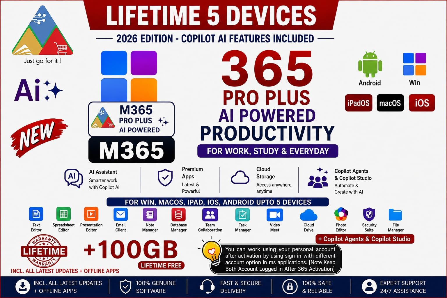 365 Pro Plus Edition 2026 with AI Chat, 5 Devices Lifetime Validity, Win/MacOS/iOS/Android, With 100 GB Cloud Storage Email Delivery