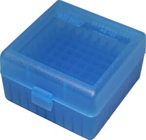 MTM 100 Round Rifle Ammo Box 17, 204, 223, 5.56×45, 6×47, Clear Blue