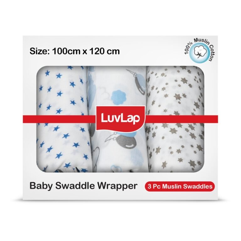 LuvLap 100% Cotton Muslin Baby Swaddle Set, Baby Towel, Size-120cm x 100cm (47″x39″), Stars Printed on White, 0-18 Month+, Printed Mulmal Muslin Swaddle Wrap for New Born, Pack of 3