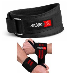 APRODO Fitness Combo Weight Lifting Belt Back Support 4.5 Inch Wide with Extra Premium Wrist Support 1 Pair for Men and Women (BLACK RED COMBO, Small 28” – 32”)