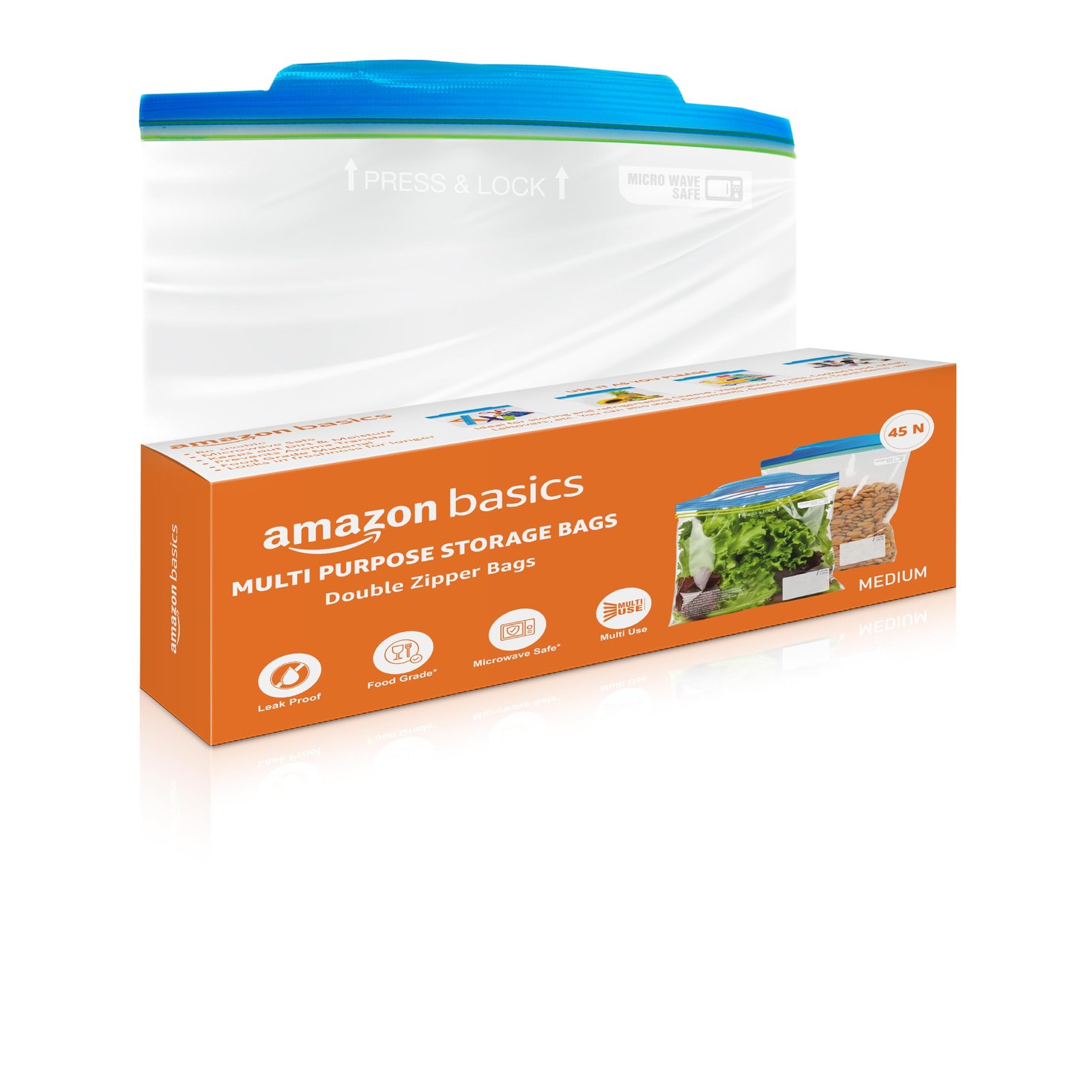 Amazon Basics – Multipurpose Zip Lock Storage Bags | 45 Bags | Medium | 26 x 28 cm | Reusable and Reclosable with Double Zipper | Material Plastic | Leak- Proof | Food Grade | Microwave Safe