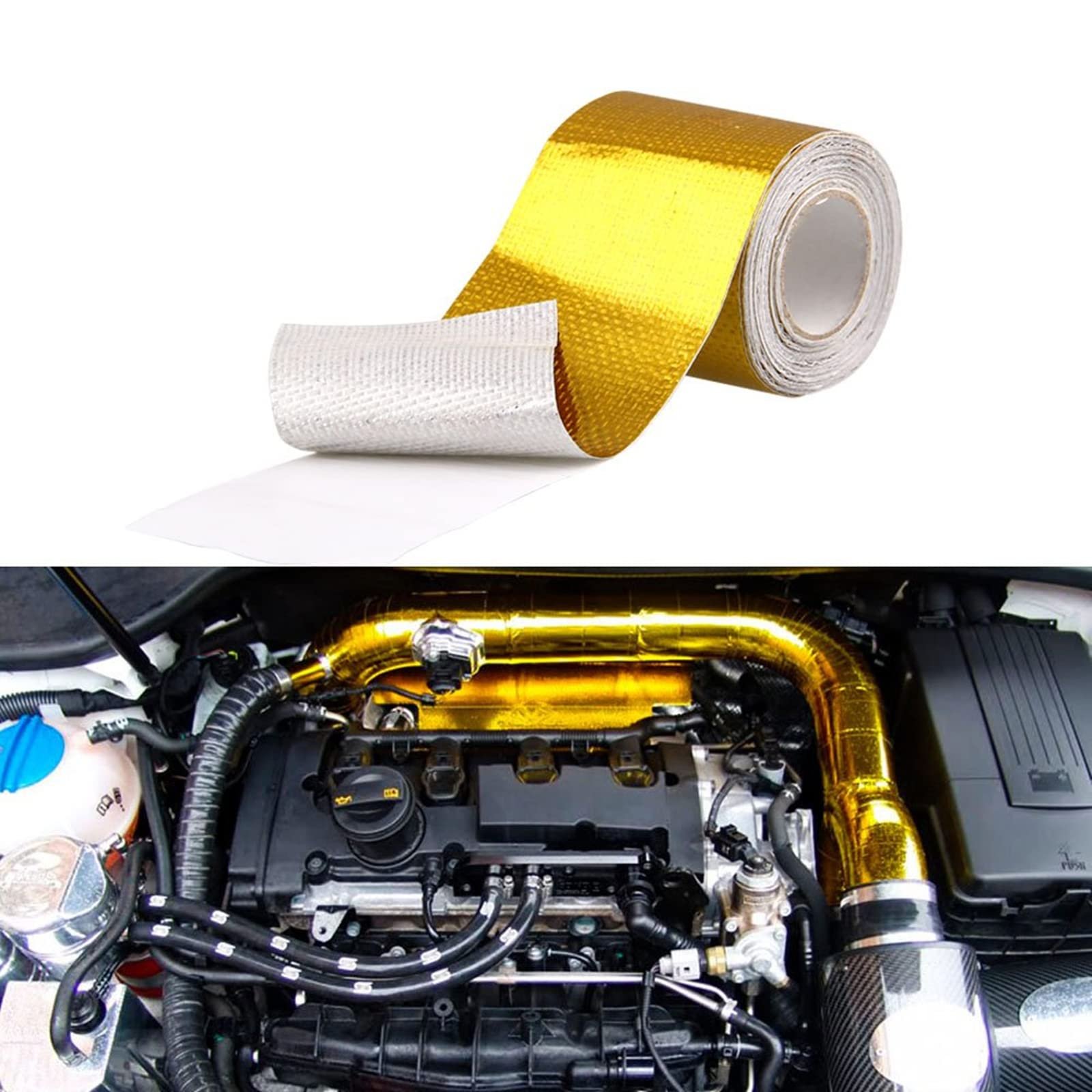 Sporacingrts 2″ x 29.5 feet (9M) Gold Adhesive Heat Shield ReflectiveTape Wrap Roll Compatible with Car Intake Pipe, Engine Bay etc