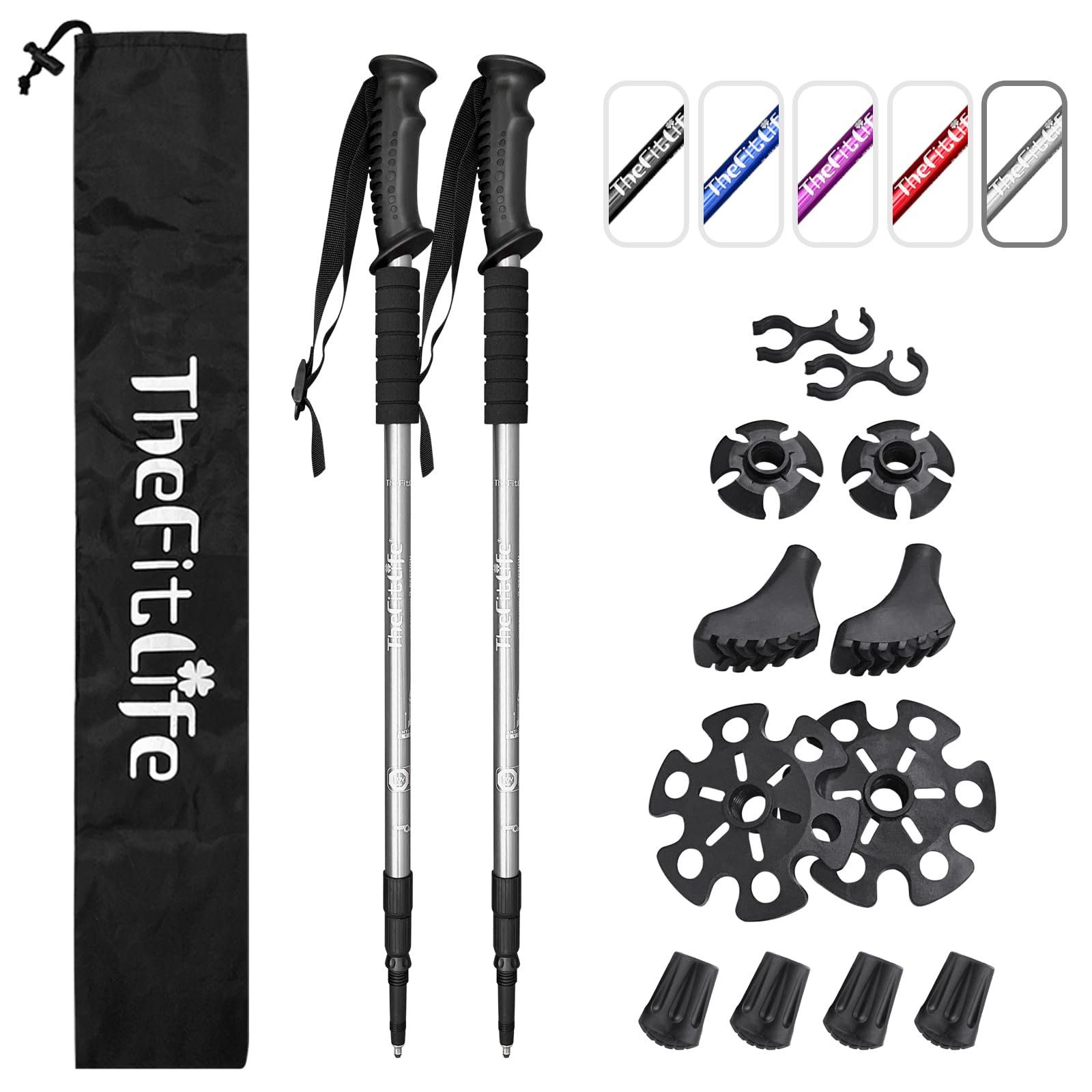 TheFitLife Nordic Walking Trekking Poles – 2 Pack with Antishock and Quick Lock System, Telescopic, Collapsible, Ultralight for Hiking, Camping, Mountaining, Backpacking, Walking, Trekking (Silver)