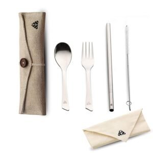 Rusabl Cutlery Set of 5, Spoon, Fork, Straw, Brush, Napkin with Jute Pouch