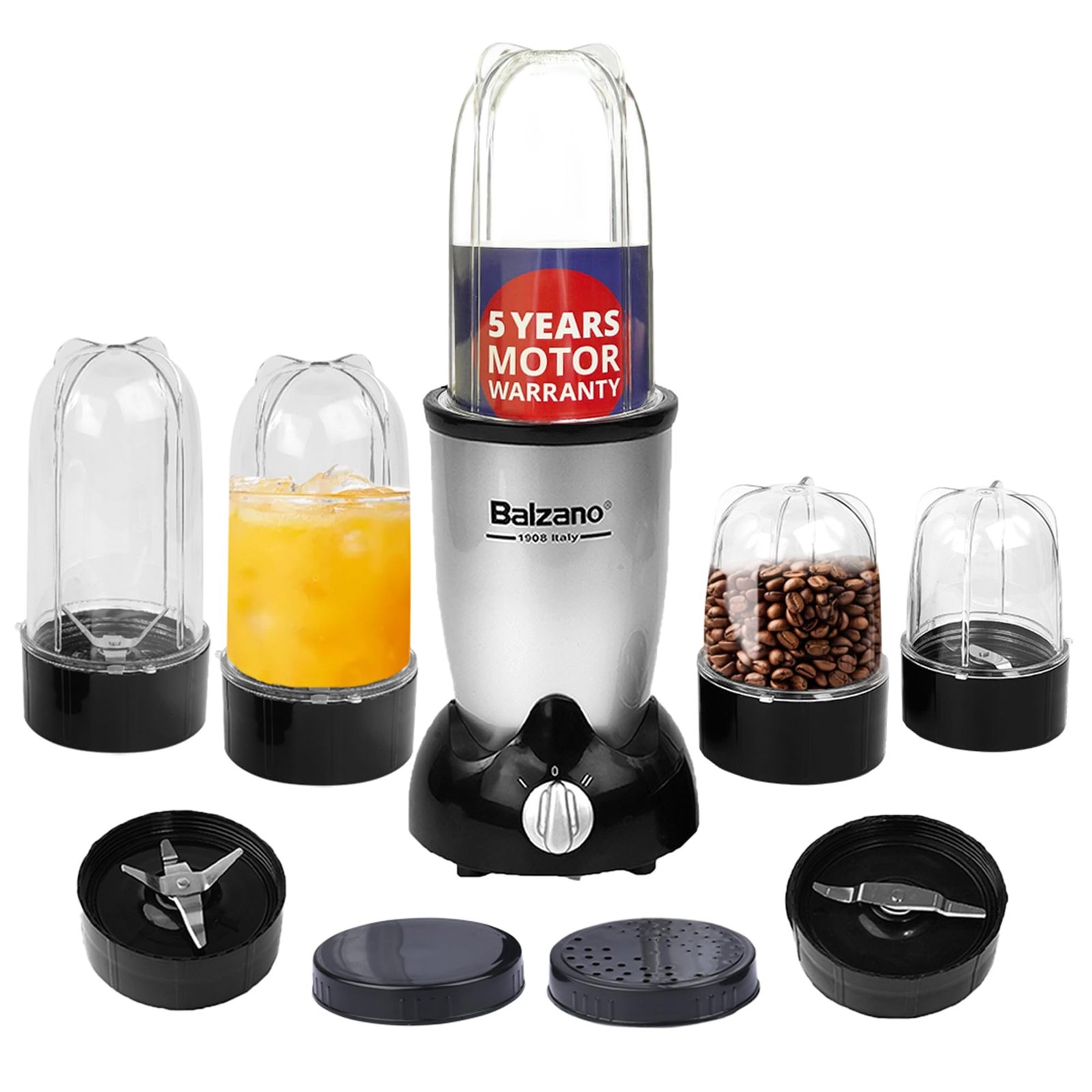 Balzano Bullet Mixer Grinder 500W, Italian Premium Brand, Pulse Function, Blender for Smoothies and Juices/Smoothie Maker, Portable Blender, Grinder for Kitchen, Silver (5 Jar)