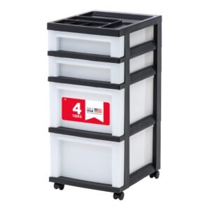 IRIS USA, Inc. MC-322-TOP 4-Drawer Storage Rolling Cart with Organizer Top, Black/Pearl