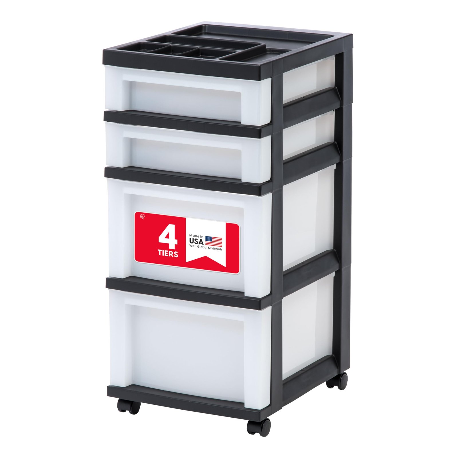IRIS USA, Inc. MC-322-TOP 4-Drawer Storage Rolling Cart with Organizer Top, Black/Pearl