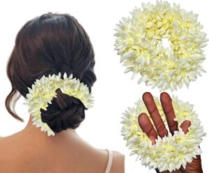 Temperia (2 Pcs) Scented Mogra Gajra Hair Accessories For Women & Girls – Hair Flower Bun Artificial Fake Gajra Scrunchies Rubber Band – Premium & Voluminous, White