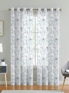 LINENWALAS Decorative Printed Cotton Sheer Curtains 5 Feet Long Set of 2 Panel, Eyelet Ring Hanging, Blue Bird Printed Window Curtains for Living Room, Home Decor (L-5 x W-4.5 Feet, Bird Paradise)