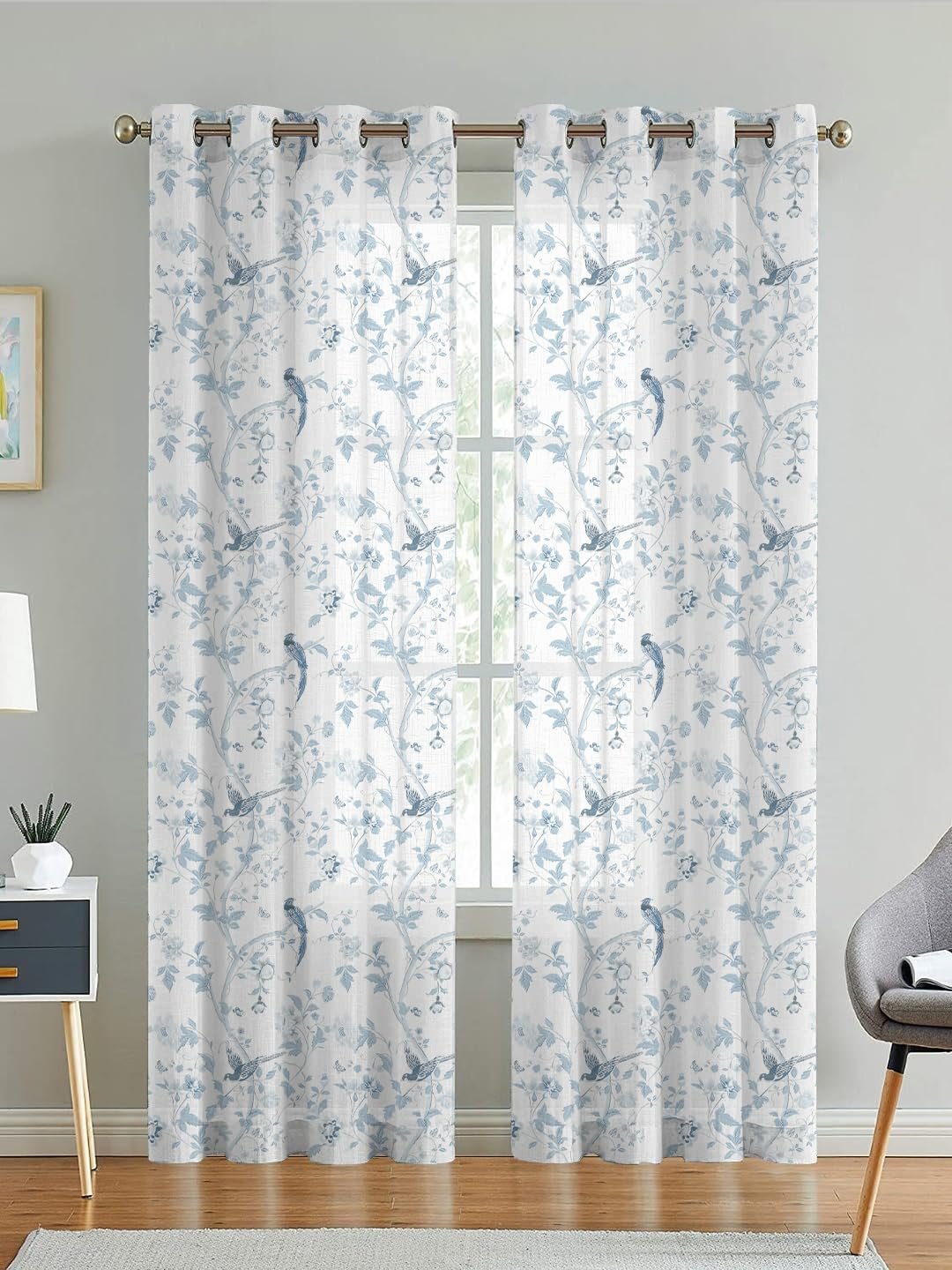 LINENWALAS Decorative Printed Cotton Sheer Curtains 5 Feet Long Set of 2 Panel, Eyelet Ring Hanging, Blue Bird Printed Window Curtains for Living Room, Home Decor (L-5 x W-4.5 Feet, Bird Paradise)