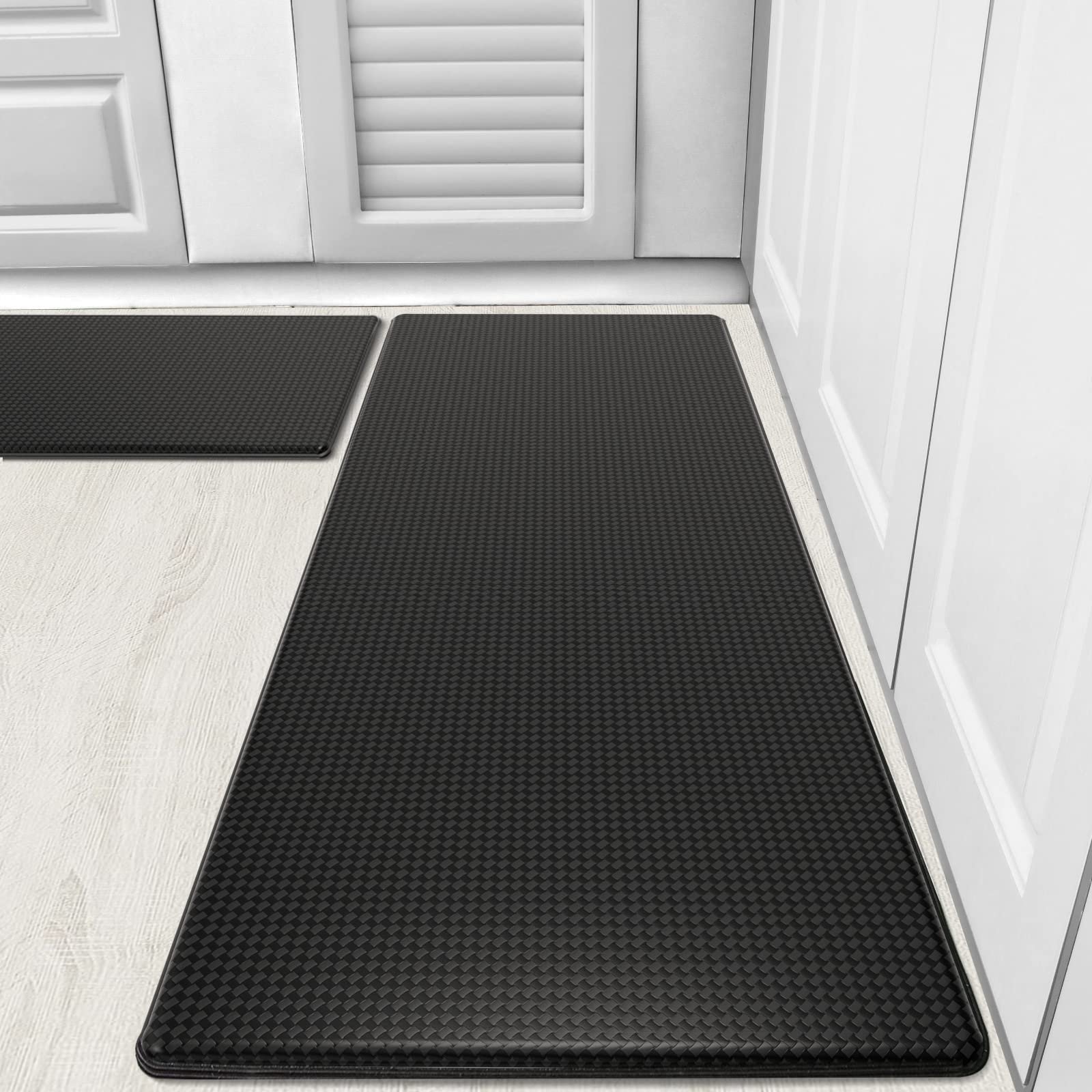 Kitsure Plastic Kitchen Mats 2 PCS, Waterproof & Non-Slip Kitchen Rugs, Anti-Fatigue Mats for Kitchen Floors, Offices & Laundries, Durable Resilient Kitchen Rug Set, 17.3″Ã—30″+17.3″Ã—47″,Black