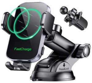 Glangeh 15W Wireless Car Charger, [Suction Cup+Clip+QC3.0] Self-Locking Car Wireless Charging, Mobile Phone Holder Car Wireless Charging Compatible with iPhone 17 Pro Max/17 Plus/16 Pro/15 Galaxy S25