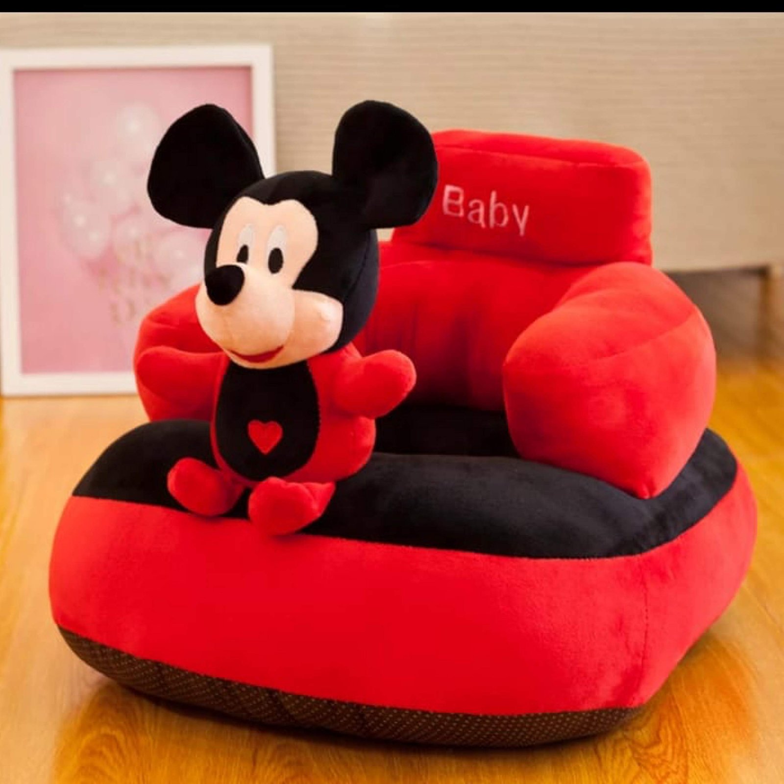 Soft Plush Baby Sofa Seat Rocking Chair for Kids | Cushioned Infant Floor Seat | Comfortable Baby Sitter | Portable Toddler Seating | Chair for 0–2 Years | Red & Black