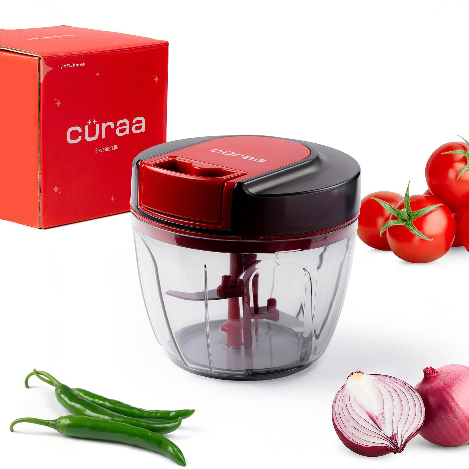 CÜRAA Manual Vegetable Chopper for Kitchen | ChopLab Lite By Chef Sanjyot Keer | Mini Chopper for Kitchen Use with Stainless Steel Blades – 650ml (Red)