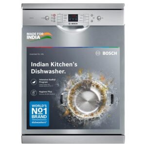 Bosch 13 Place Setting (fits up to 70 utensils) Free-Standing Dishwasher for Indian Utensils | Hygiene+ & Intensive Kadhai Program (SMS66GI01I, Inbuilt Heater, Removes 99.9% Germs, Silver Inox)