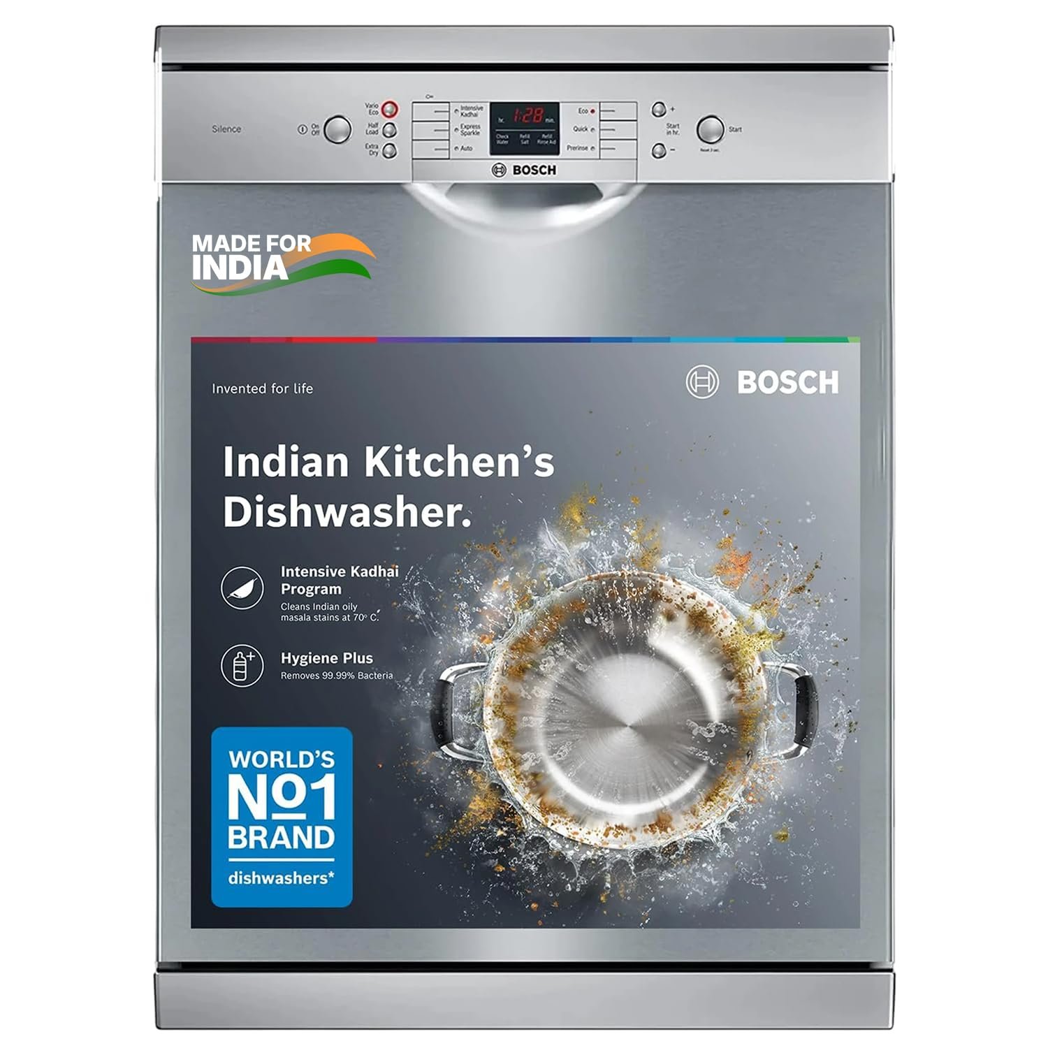 Bosch 13 Place Setting (fits up to 70 utensils) Free-Standing Dishwasher for Indian Utensils | Hygiene+ & Intensive Kadhai Program (SMS66GI01I, Inbuilt Heater, Removes 99.9% Germs, Silver Inox)