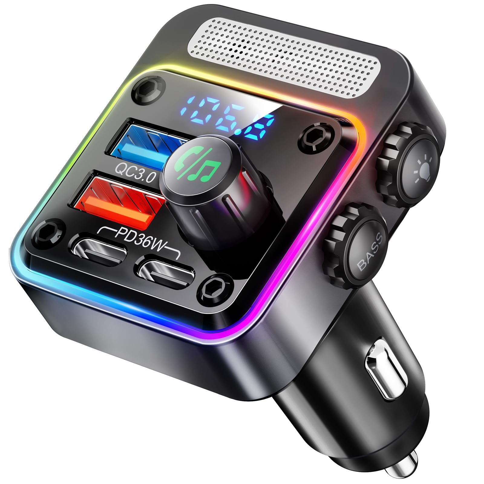 Nulaxy 54W Bluetooth 5.3 Car Adapter with 4 Charging Ports [PD 36W & QC3.0 18W], Wireless Radio FM Transmitter with Deep Bass Player & 5 Colors LED Backlit, Hands-Free Calling – NX16 Black