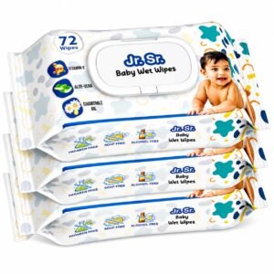 Jr. Sr. Baby Wipes With Lid | 72 Wipes x Pack of 3, 216 Wipes | Safe & Moist Wet Wipes for Babies | Prevents Rashes & Redness with Goodness of Aloe Vera, Vitamin E & Chamomile Oil | No Paraben & No Alcohol