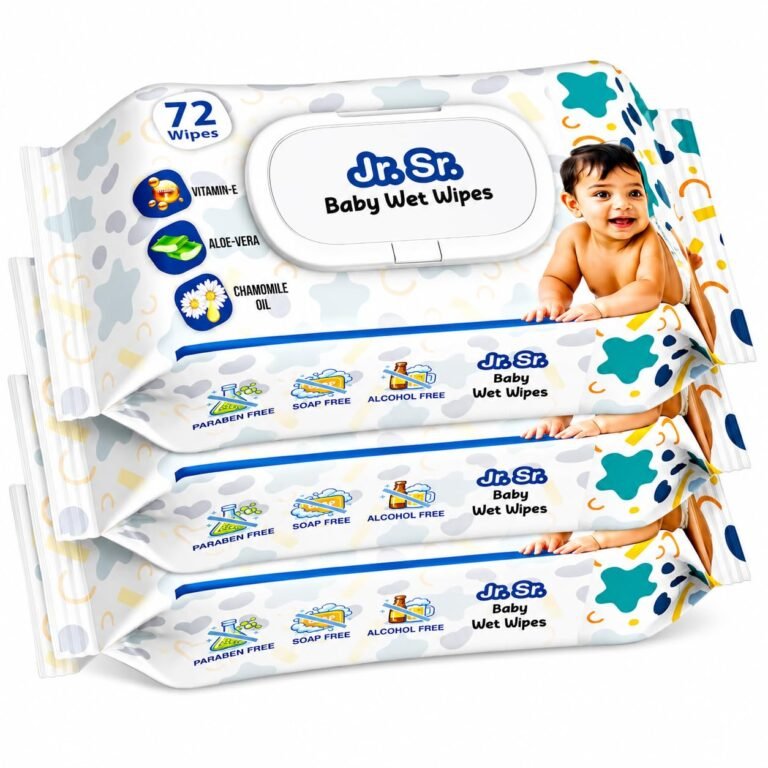 Jr. Sr. Baby Wipes With Lid | 72 Wipes x Pack of 3, 216 Wipes | Safe & Moist Wet Wipes for Babies | Prevents Rashes & Redness with Goodness of Aloe Vera, Vitamin E & Chamomile Oil | No Paraben & No Alcohol