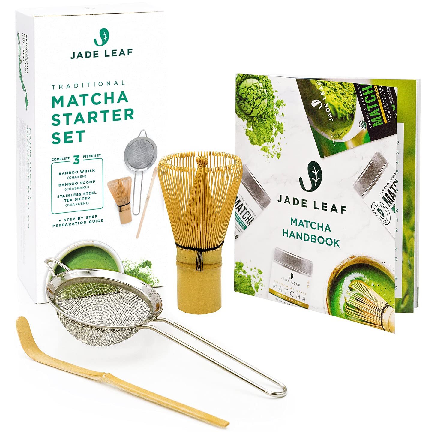 Jade Leaf – Traditional Matcha Starter Set – Organic Ceremonial Grade Matcha Green Tea Powder, Bamboo Whisk (Chasen), Bamboo Scoop (Chashaku), Stainless Steel Sifter, Preparation Guide