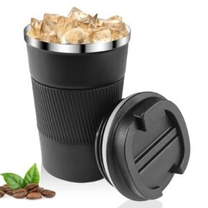 Relota Coffee Cup 380 ml Leakproof – 304 Stainless Steel Double Wall Insulated Car Thermos for Coffee, Water and Tea – Black