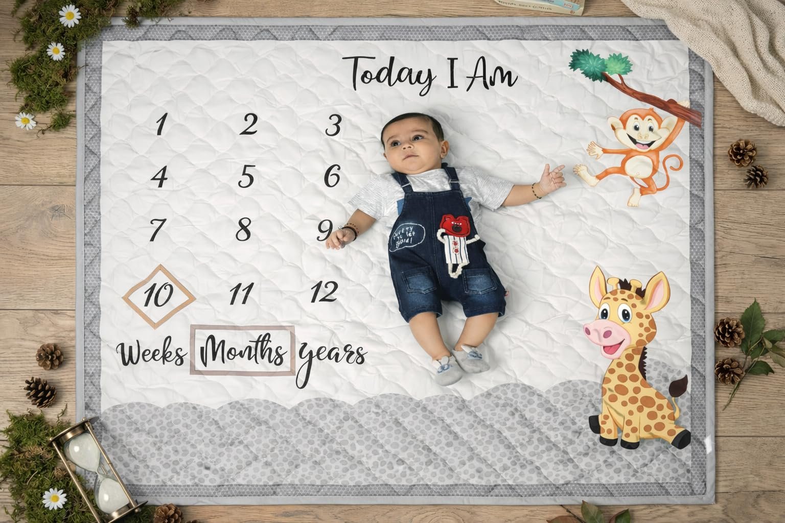 NEW COMERS® Milestone Baby Blanket for All Season, Multiuse Cotton Blanket with Props(Wooden Rings) for Summer/Ac Room/Winter Blankets for Kids/New Born Monthly Photoshoot, TC(80/153) 135x115x2cm| 510