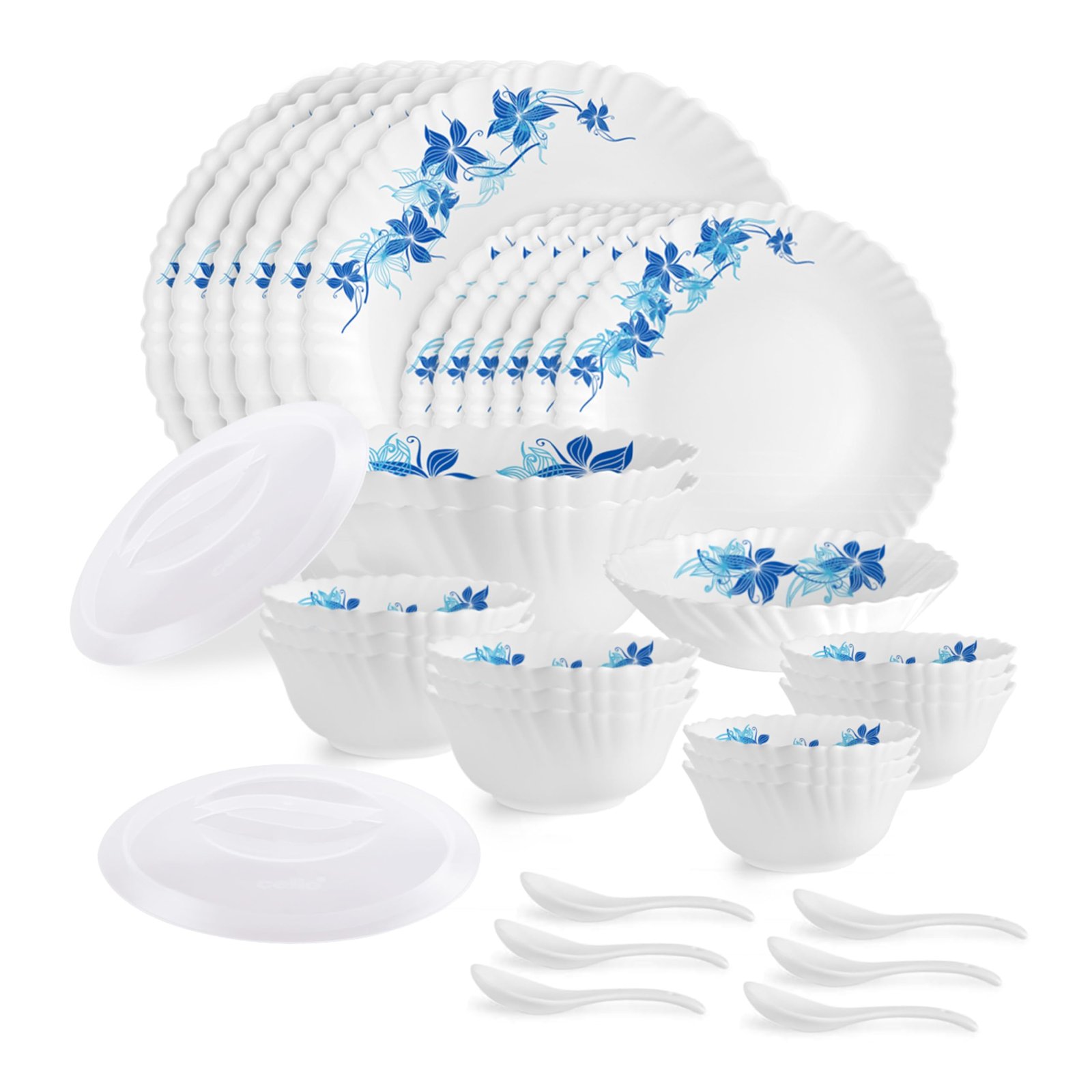 CELLO Blue Swirl Dazzle Series Opalware Dinner Set of 35 Pieces for Family of 6 | Bone-Ash Free & Leadfree Opal Glass, Microwave & Dishwasher Safe, Plates & Bowls Crockery Set for Dining & Gifting