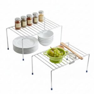 Plantex Stainless Steel Kitchen Shelf Organisers/Shelf Divider for Kitchen Storage/Cabinet Organiser/Plate Stand/Dish Rack – Pack of 2 (Chrome)