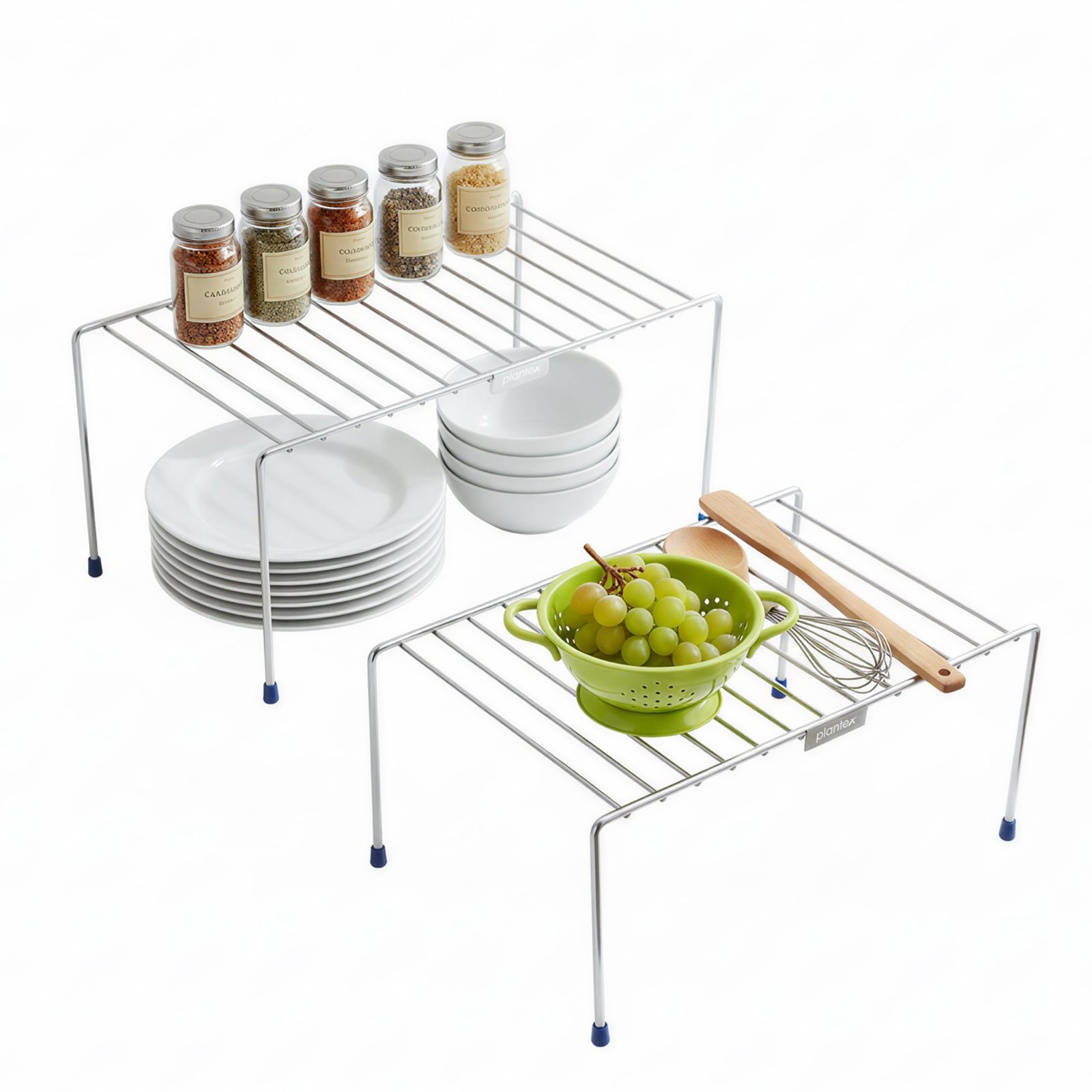 Plantex Stainless Steel Kitchen Shelf Organisers/Shelf Divider for Kitchen Storage/Cabinet Organiser/Plate Stand/Dish Rack – Pack of 2 (Chrome)