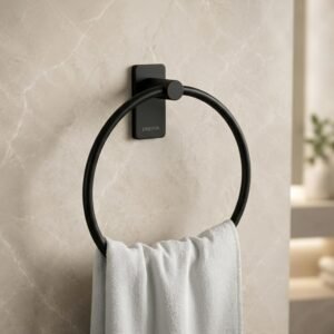 Plantex Stainless Steel Self-Adhesive Towel Holder for Bathroom/Towel Hanger for Wash Basin Drill Free/Round Towel Holder for Wall- Pack of 1 (APS – 5000, Black)