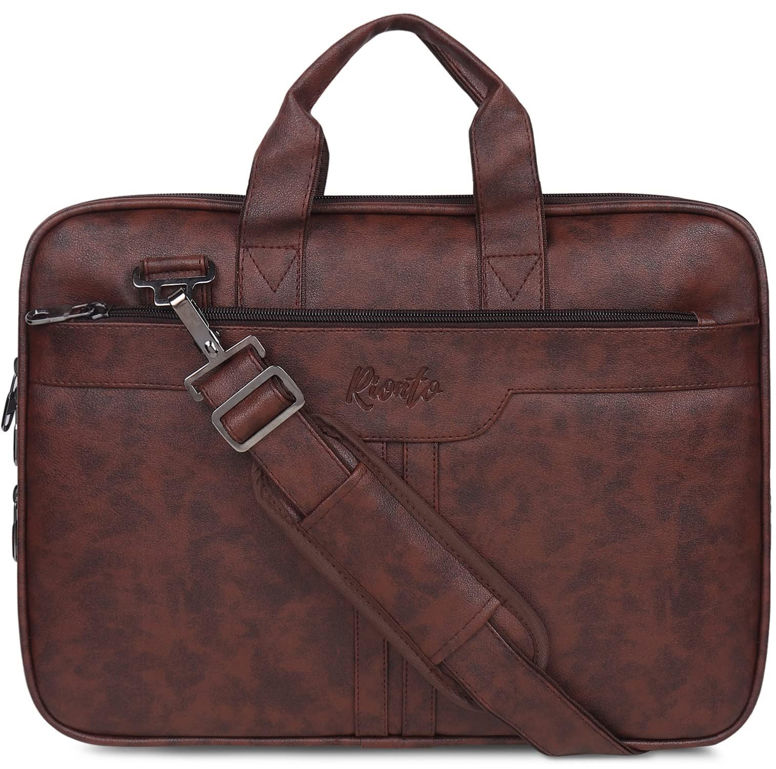 RIONTO Elite Vegan Leather Laptop Bags for Men Office Use | Upto 15.6 inch | Expandable Bottom | Mobile & Pen Compartment with Multiple Organizers | Professional Office Bag for Man & Women – Tan