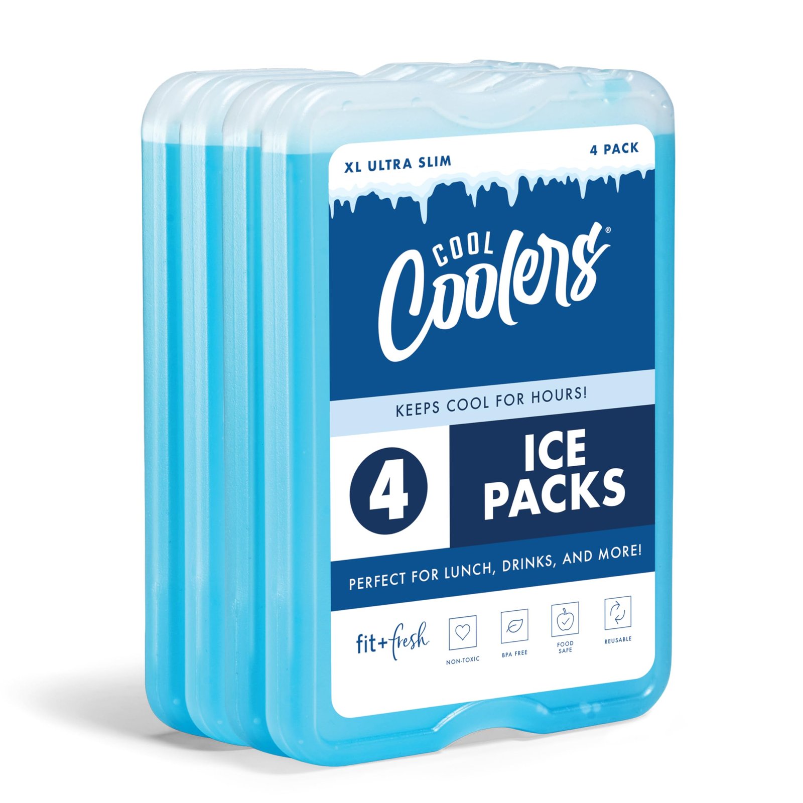 Fit & Fresh XL Cool Coolers Freezer Slim Ice Pack for Lunch Box, Set of 4, Large, Blue