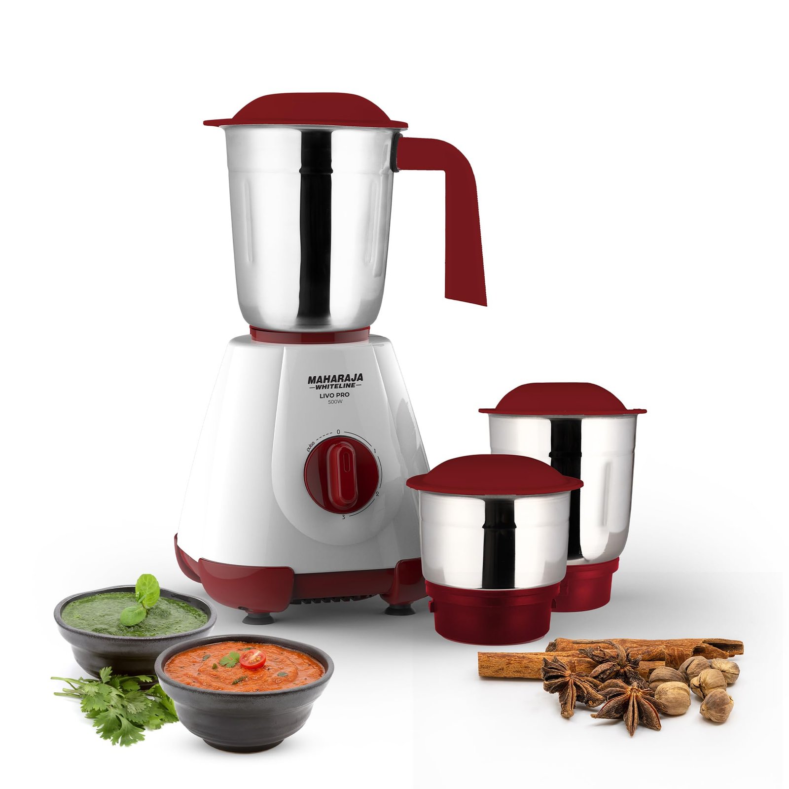 Maharaja Whiteline 500W Mixer Grinder with 3 Stainless Steel Jars with lid and 20,000 RPM Motor Speed (White & Cherry Red)