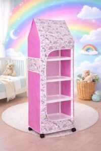 YouCopia Baby Wardrobe Plastic Kids Storage Rack with Fabric Cover & Wheels | 6-Tier Plastic Shelves Organizer | Toy, Book & Clothes Storage Cabinet for Kids Room (Unicorn)