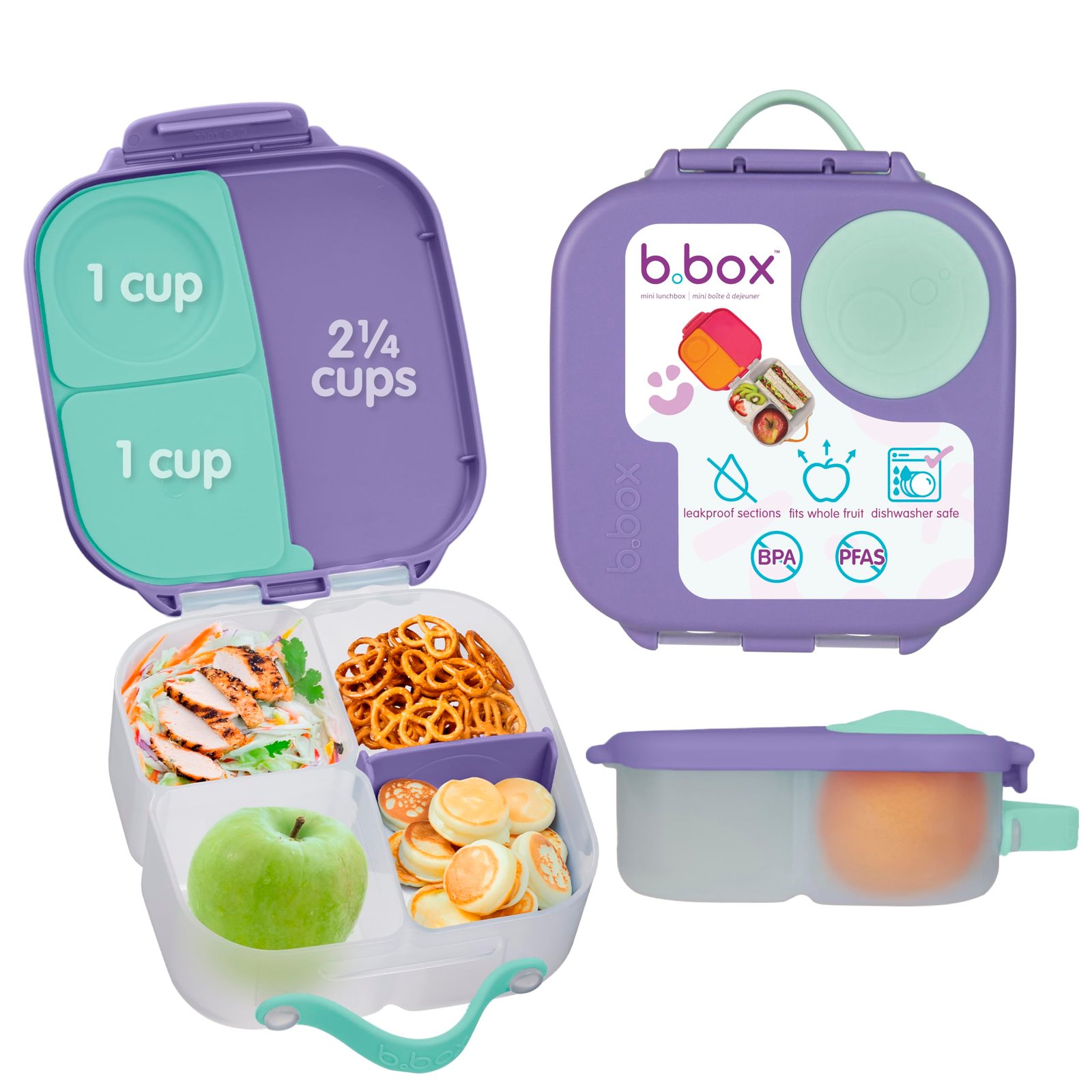 b.Box Mini Lunchbox, Compact Bento-Style Lunch Snack Container for Kids, Leak-Proof, Ideal Portion Sizes for Healthy Snacks and Lunchtime at School, Picnic or On-The-Go, 2 Compartments, Lilac Pop
