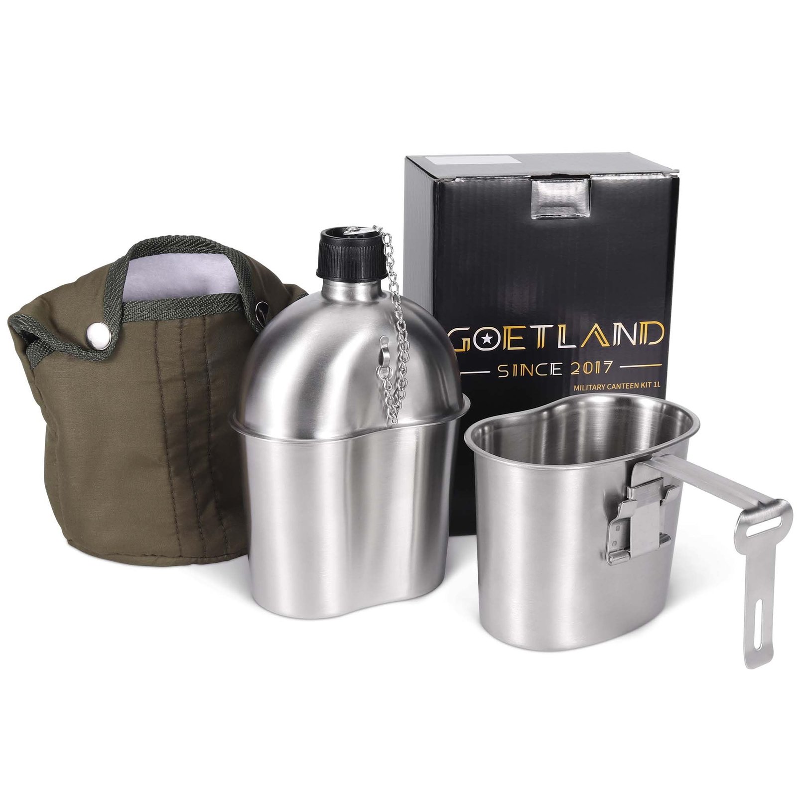 Goetland Goetland Stainless Steel WWII US Military Canteen Kit 1QT with 0.5QT Cup Nylon Cover G.I.