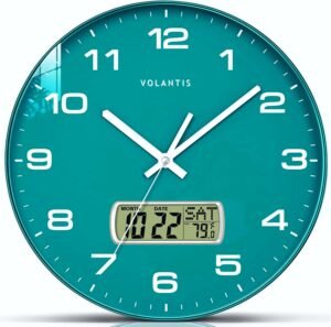 VOLANTIS 12 Inch Non-Ticking Silent Wall Clock with LCD Display for Perpetual Calendar and Temperature,Analog,Digital,Fibreglass (Green)