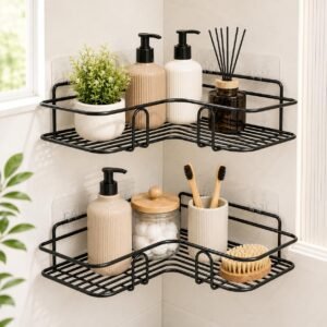 Nieifi KIMEE Set of 2 Metal Bathroom Corner Shelf | Rustproof No-Drill Self Adhesive Wall Mounted Storage Rack for Bathroom and Kitchen | Heavy Duty Shower Caddy Organizer, 8 and 9 Inch, Black