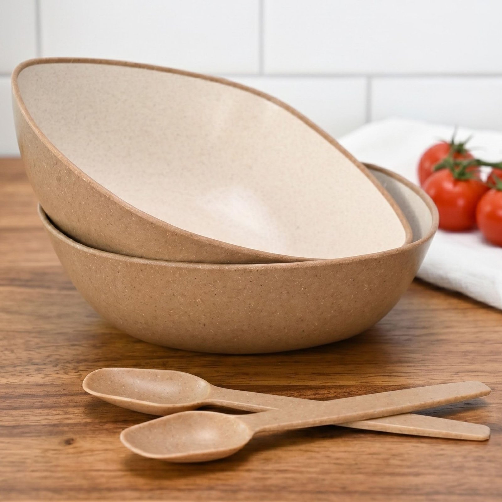 Eha Set of 2 Earth-Friendly Multipurpose Bowls for Kitchen with Spoons | 750 ml | Made with Rice Husk Biocomposite| Microwave Safe Bowl | for Hot & Cold Serving Bowl Set | Tortilla