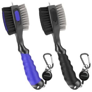 THIODOON 2 Pack Golf Club Brush and Groove Cleaner 2 ft Retractable Zipline Carabiner Oversized Golf Brush Head with Retractable Spike Comfortable Grip Golf Club Cleaner